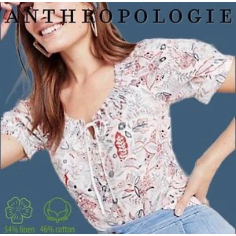 Anthropologie Maeve Linen Cotton Red White Blue‎ Floral Blouse Puff Sleeve 2/XS